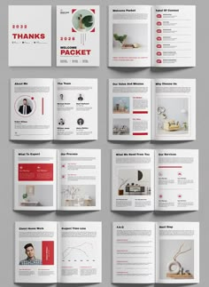 an open brochure with red and white accents