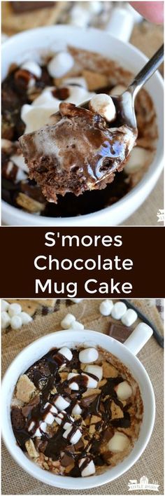 s'mores chocolate mug cake with marshmallows in the middle and on top