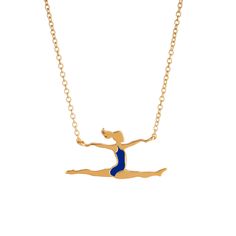 a gold necklace with a blue ballerina on the front, and a chain attached to it