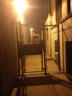 a dimly lit hallway with gate and light in the dark night time, it appears to be an eerie place