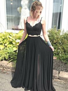 Round Neck Two Pieces Beaded Top Satin Ivory Prom Dresses, Ivory Forma – Shiny Party Two Piece Formal Dresses, Two Piece Evening Dresses, Black Lace Evening Dress, Black Lace Prom Dress, 2 Piece Prom Dress, Prom Dresses Long Lace, Evening Party Gowns, Womens Prom Dresses, Piece Prom Dress