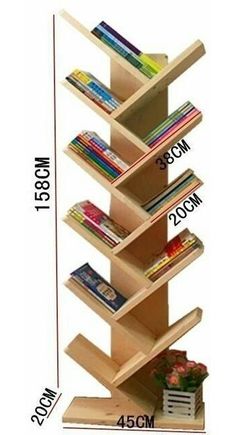 a wooden book stand with books on it and measurements for each shelf in the same room