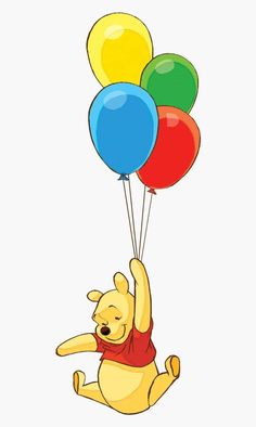 winnie the pooh flying with balloons in his hand and holding on to it's legs