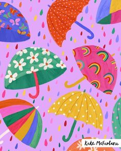 colorful umbrellas and flowers on a pink background