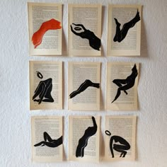 six book pages with black and red images on them, each depicting different birds in flight