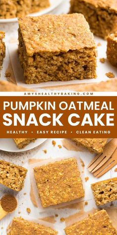 pumpkin oatmeal snack cake is cut into squares and placed on a plate