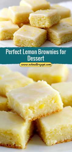 lemon brownies for dessert on a plate with the words perfect lemon brownies for dessert