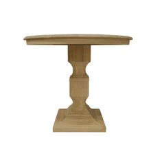 a round wooden table with pedestals on the top and bottom, against a white background