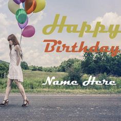 a woman walking down the street with balloons in her hand, happy birthday name here