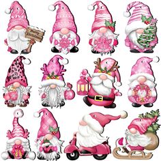 pink and white gnomes with christmas decorations on their heads, sitting in different positions