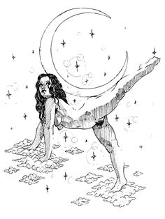 a drawing of a woman sitting on the moon