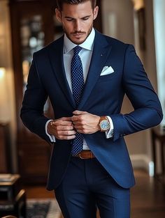 Nail the perfect formal look with this sharp navy blue suit. Visit our website to get yours.   #SuitCentury #menssuitstyle #mensfashion #menssuits #mensstyle #suitstyle #suits #menstyle #suitup #menswear #suitandtie #men #dapperfashion #style #suitsformen #mensfashionblog #suited Dark Navy Blue Groom Suit, Men’s Navy Suit, Navy Suit Wedding Groom Attire, Navy Wedding Suit Groom, Mens Suit Blue, Navy Blue Wedding Suit, Navy Blue Groom Suit, Blue Suits For Men, Navy Blue Suit Men