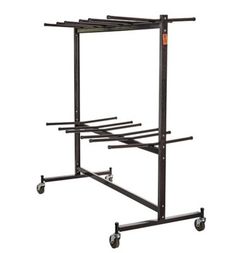 a metal rack with four wheels and two bars on each side, holding several items