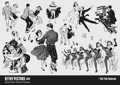 an old fashion illustration shows people dancing and having fun in the fifties or 50s