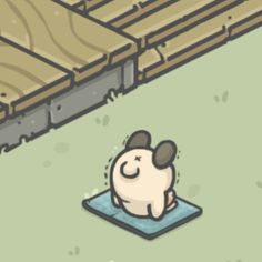 a cartoon dog sitting on top of a floor next to a wooden planked wall