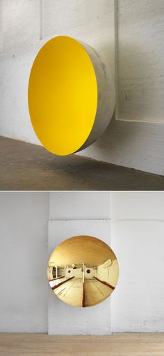 two pictures of the same light fixture in different rooms, one is yellow and the other is white