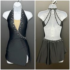 two pictures of a black and white dress with silver beading on the neckline