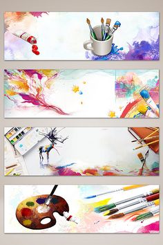 three horizontal banners with paint brushes, paints and other art supplies on them in different colors