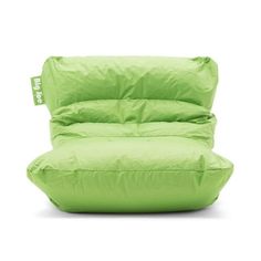 a lime green bean bag chair sitting on top of a white floor next to a pillow