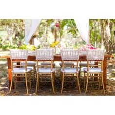 a wooden table topped with lots of white chairs next to a forest filled with trees