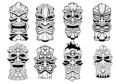 six totem masks with different facial expressions