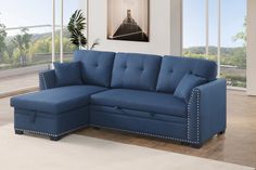 a blue sectional sofa in a living room