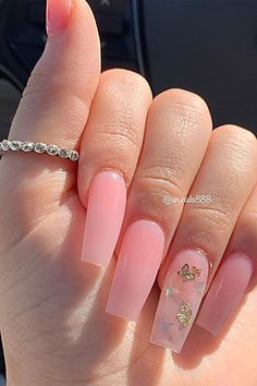 Baby Pink Nails Acrylic, Quinceanera Nails, Baby Pink Nails, Pink Glitter Nails, Gold Nail, Cute Acrylic Nail Designs, Her Nails, Long Acrylic Nails Coffin