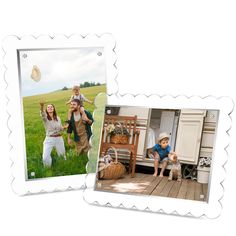 two photos of people and a dog on a wooden deck with grass in the background