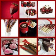 a collage of pictures with strawberries, chocolates and desserts on them