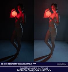 two photos of a woman holding a light ball in her hands and posing for the camera