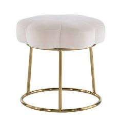 a white stool with gold metal legs and a round cushion on the bottom, sitting in front of a white background