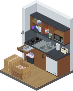 a kitchen with an oven, sink and refrigerator in it next to a cardboard box