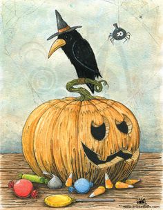 a drawing of a crow sitting on top of a pumpkin with candy in front of it