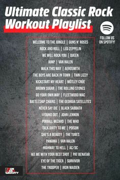 the ultimate rock workout playlist is shown in red and black, with an overlayed background