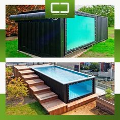 an outdoor hot tub with steps leading up to it and the side of a shipping container