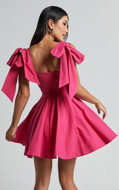 Girley Mini Dress - Bow Strap Dress in Pink | Showpo USA Bridgerton Dresses Short, Bow Pink Dress, Bow Dresses Women, Pink Dress Bow, Bow Strap Dress, 2025 Wishlist, Pink Prom Dresses Short, Pink Fit And Flare Dress, Pink Birthday Dress