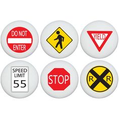 six different types of traffic signs on white buttons