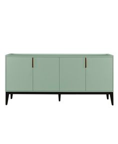 the sideboard with two doors and three drawers is shown in light green, black legs