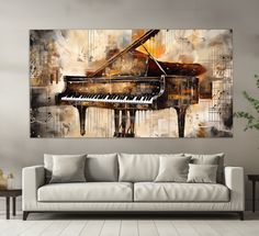 a living room with a couch and a painting on the wall above it that has a piano