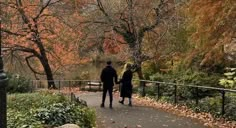 two people walking down a path in the park