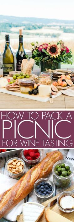 the cover of how to pack a picnic for wine tasting with bread, cheese and olives