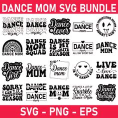 the dance mom svg bundle is shown in black and white on a pink background