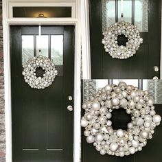 two pictures of christmas wreaths on the front door