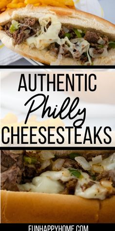 two pictures with the words authentic phil cheese steaks on them and an image of a sandwich