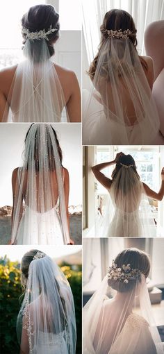 the back of a bride's wedding dress with veils and flowers in her hair