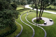 an aerial view of a park with benches and trees