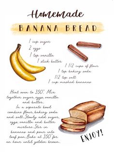 an illustrated recipe for homemade banana bread