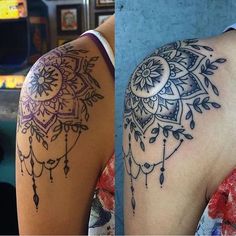 two pictures side by side one with a tattoo and the other with a dream catcher on it