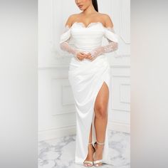 Fashion Nova Dress For Sale - Cute For Bridal Events! Never Worn - Perfect Condition. Satin Maxi Dress Long Sleeve, Black Satin Maxi Dress, Vegas Wedding Dress, Courthouse Wedding Dress, Maxi Dress Long Sleeve, Corset Waist, Maxi Dress Long, Houndstooth Dress, White Dress Party