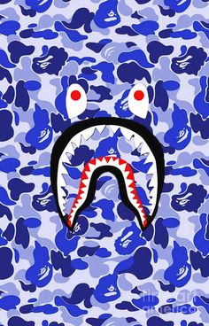 a blue camouflage camo background with a shark's mouth